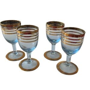 Vintage Mid Century USSR Blue Crystal Gold Trim Cordial Glasses Set of Four
